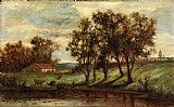 Trees Wall Art - man with cows grazing near pond with house and trees in background